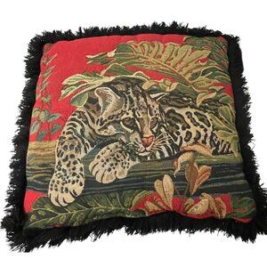 Vtg Animalia Big Cat Ocelot Tropical Tapestry Throw Pillow Cushion Double Sided